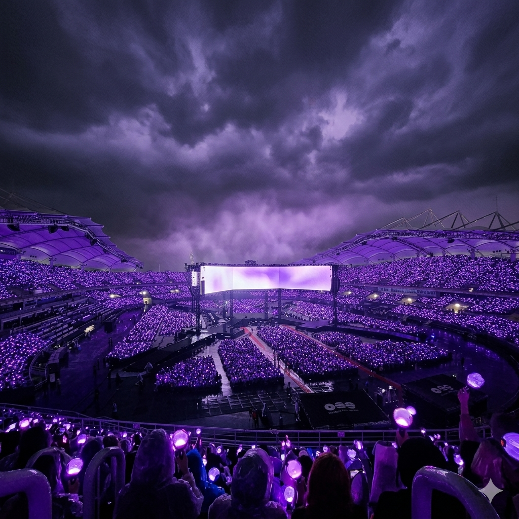 BTS performs on a 360-degree stage at Goyang Stadium in the rain while fans in purple rain ponchos wave light sticks and cheer.