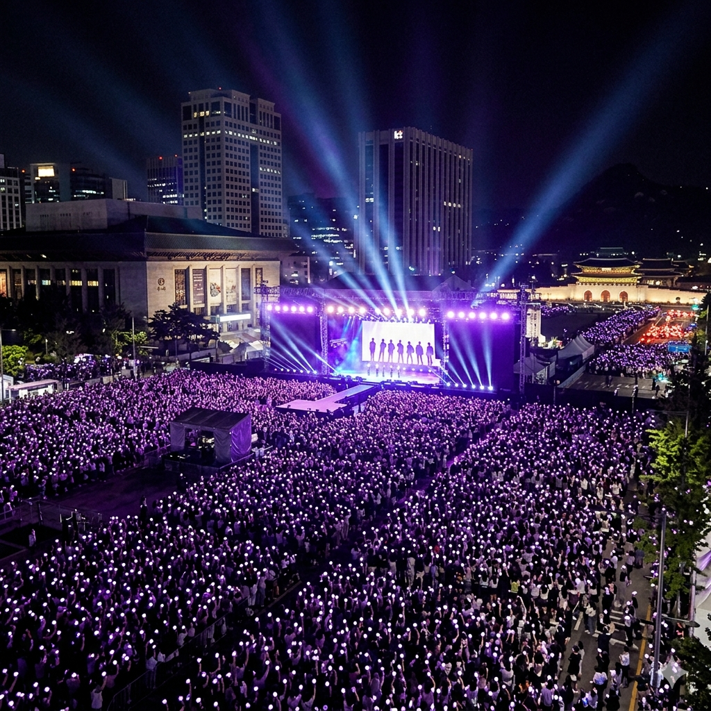 야간 무대 앞에 대규모 관객이 모여 있고 컴백 공연 조명과 광장 주변 건물이 함께 보이는 장면 (본 이미지는 AI로 생성되어 실제와 다를 수 있습니다.)
