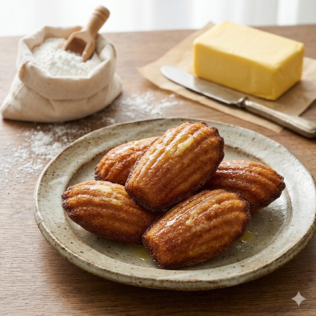 黄金色に焼けたバタートックが皿の上にいくつも並び、表面には溶けたバターが薄く塗られ、背景にはもち米粉とバターが置かれている様子 （この画像はAI生成のため、実際と異なる場合があります。）