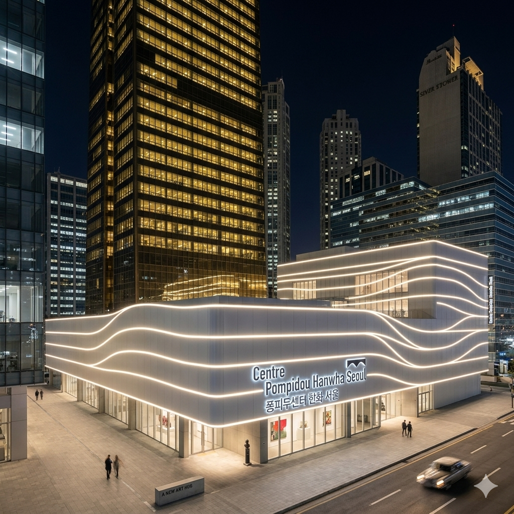 A night view of Centre Pompidou Hanwha Seoul in the renovated annex of the 63 Building, with horizontal bands of light running across the exterior (This image was AI-generated and may differ from reality.)