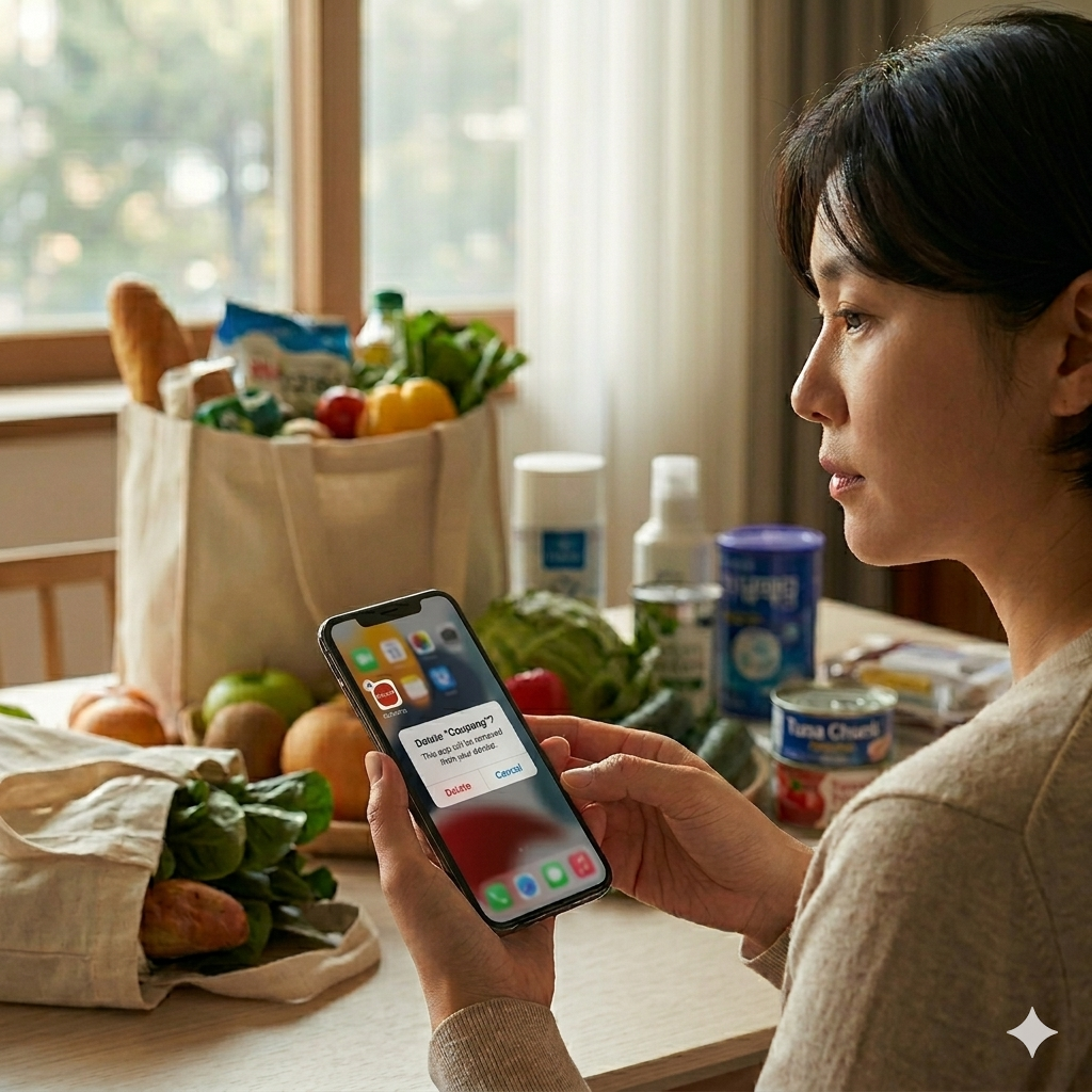 スマートフォンでクーパンのアプリを削除しながら、食卓の上の買い物かごと日用品を見つめる消費者の姿