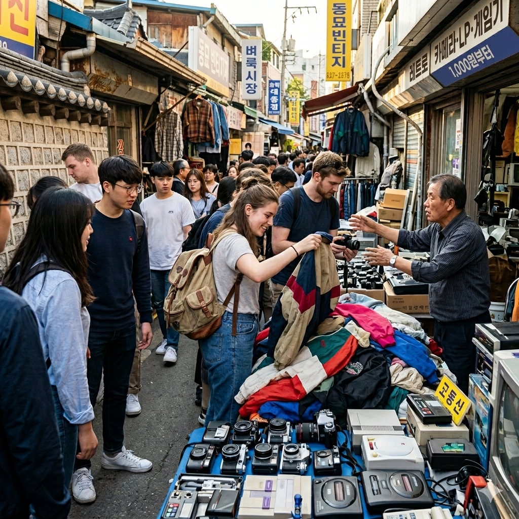 A lively scene in a narrow alley at Seoul's Dongmyo Flea Market, where visitors browse piles of secondhand clothes, vintage cameras, and game consoles