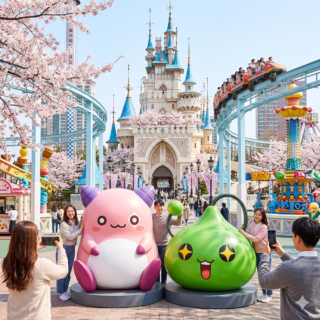 롤러코스터가 지나가는 롯데월드 마법섬의 야외 테마존에서 커다란 핑크빈과 슬라임 조형물 옆에 서서 사진을 찍는 방문객들. 뒤편에는 벚꽃이 피어 있는 마법성과 컬러풀한 놀이시설이 보인다.