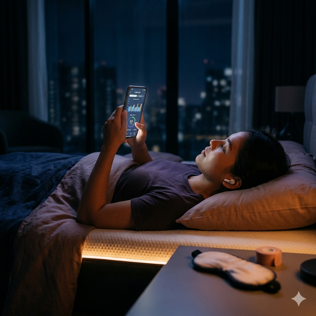 暗い寝室で、若い人物がスマートマットレスに横たわり、イヤホンをつけたままスマートフォンのアプリで睡眠データを確認している。ベッド脇のテーブルにはアイマスク、口テープ、そのほかのスリープマキシング用ツールが置かれている。